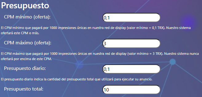 Sección en la cual se ajustan los presupuestos para ejecutar la campaña