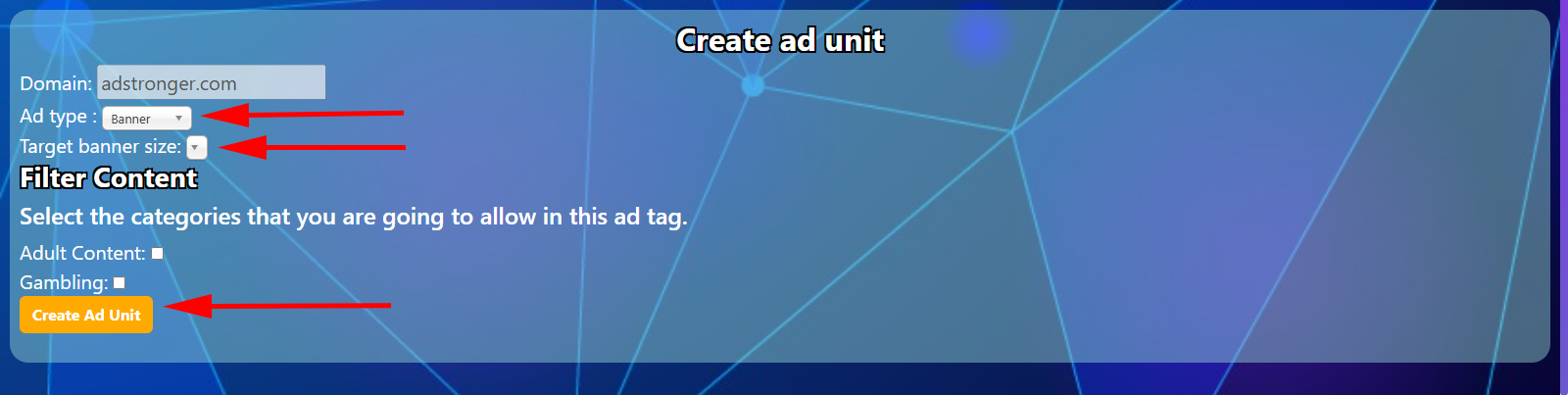 Crea unidades de anuncio de Banner, Video y selecciona los tamaños correspondientes.