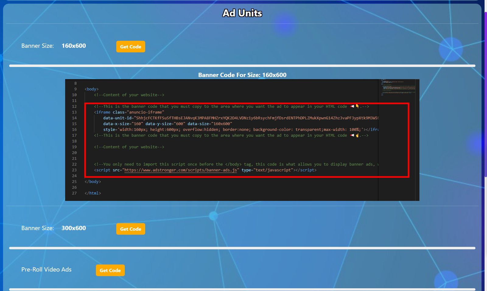 Código de ejemplo que debes de copiar para pegar en el html de tu sitio web para mostrar banners